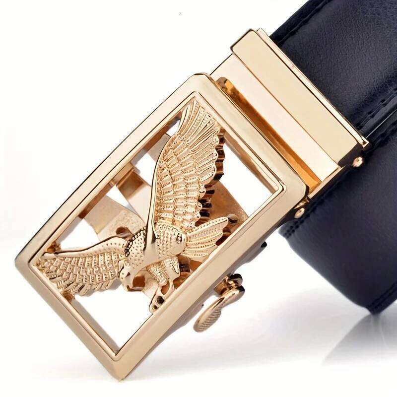 Men's Business Casual High-quality Golden Silver Eagle Pattern Leather Belt with Automatic Buckle Y260225
