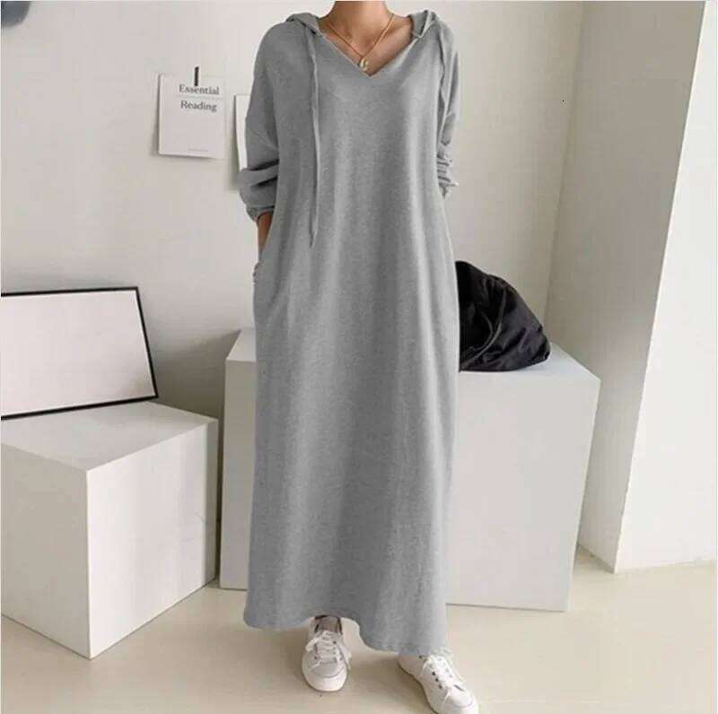Autumn Women's 2024 New Fashion Simple Retro Dress Sweatshirt Winter Long Sleeve Pocket Solid Hooded Robe XJ260225