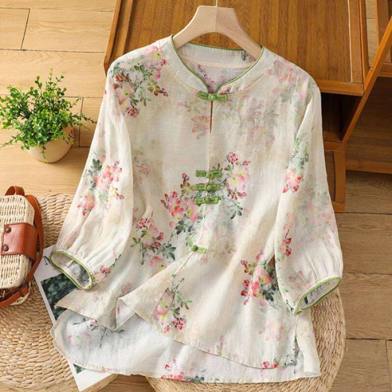 Designer Clothing Ramie Women's Top, Summer New Chinese-Style Improved Shirt, Vintage Stand-Up Collar, Buttoned Pullover, Three-Quarter Sleeve Bl