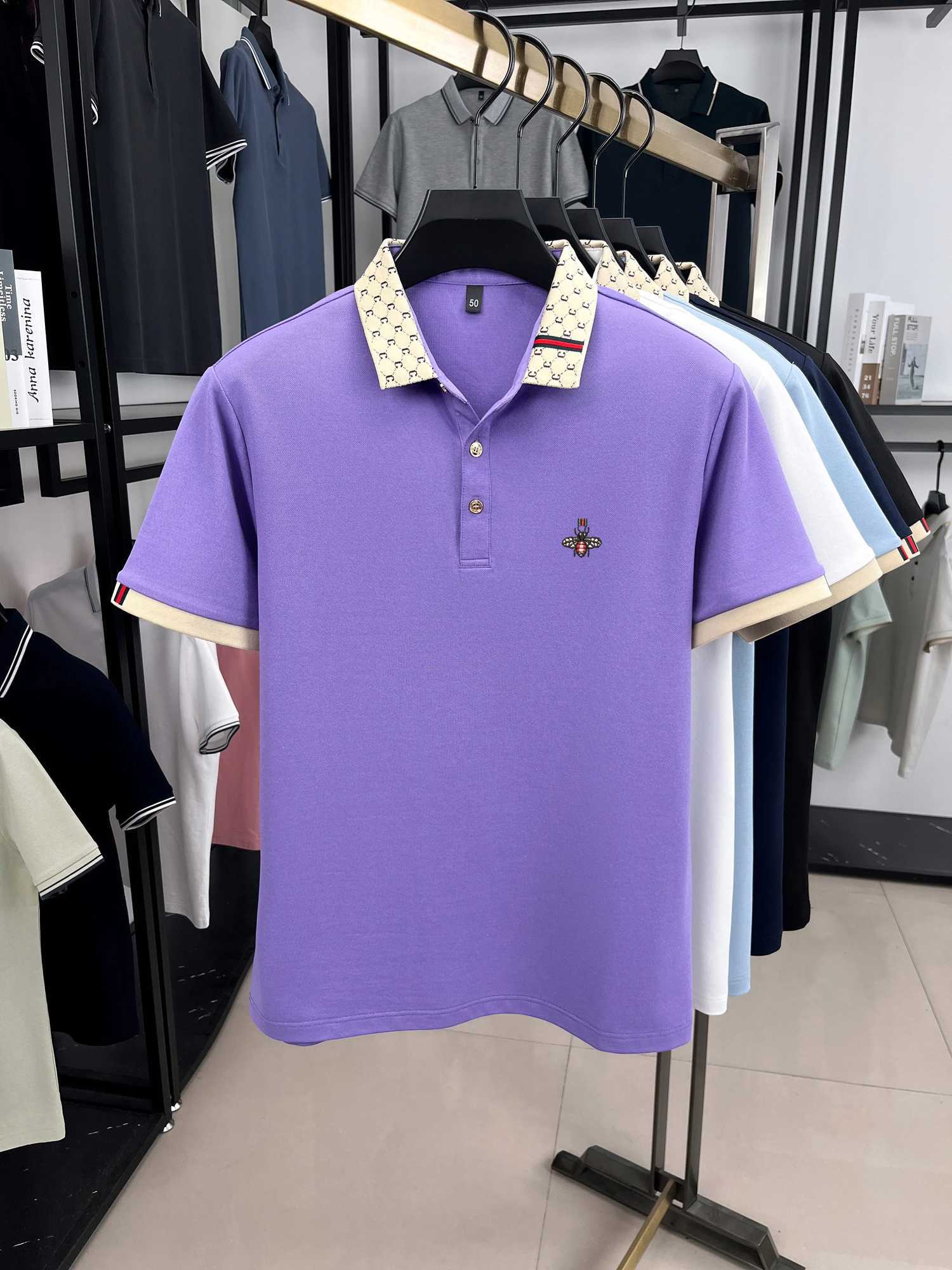 Bee Embroidered Polo Shirt with Contrast Collar and Breathable Pique Fabric for Casual Daily WearT260225
