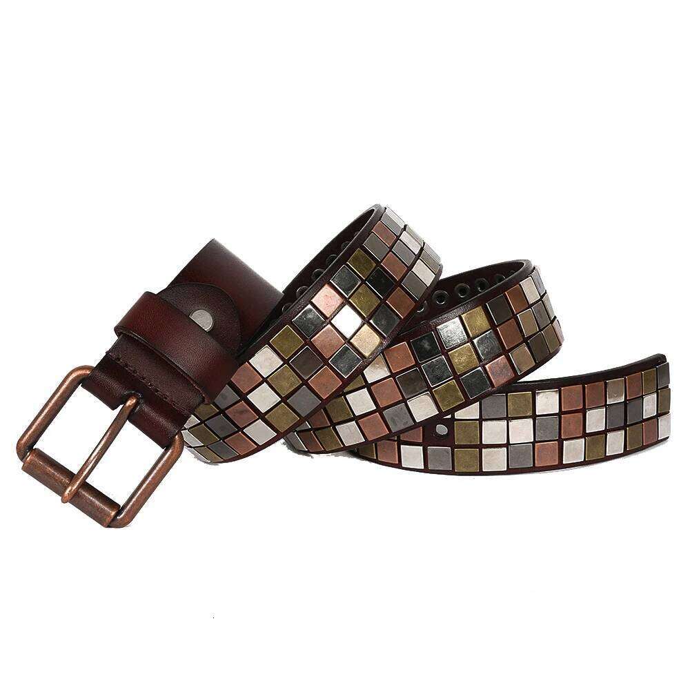 3.8CM Heavy Metal Rivet Plate Cowboy Genuine Leather Jeans Belts For Vintage Punk Men Belt Ceinture Homme Male Strap Y260225