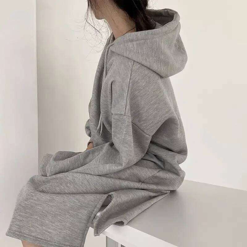 Hooded Dresses for Women Autumn Winter Baggy Plus Velvet Sporty College Midi Simple Korean Style Basic Young Fashion Vestidos XJ260225