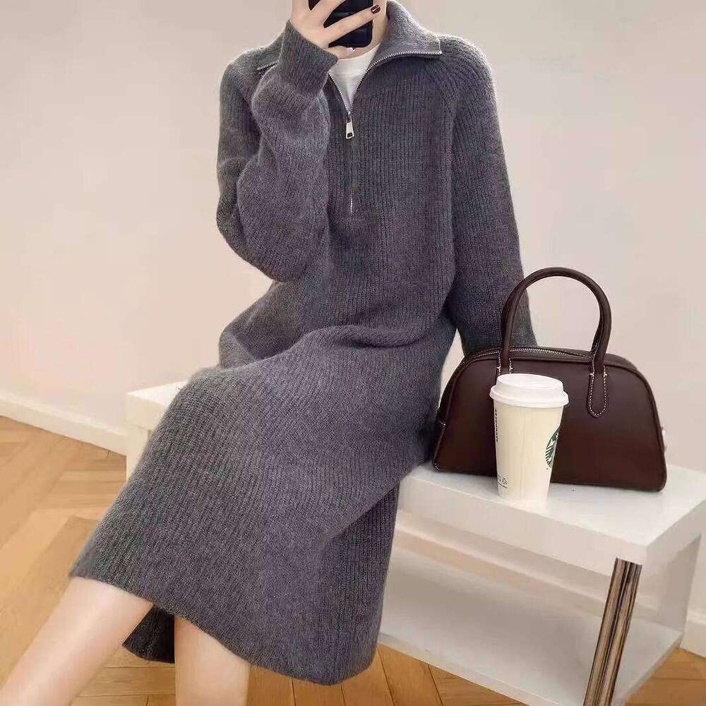 Autumn Winter Women's Zipper Lapel Knitted Dress High Necked Woolen Straight Long Sleeved Bottom Dresses XJ260225