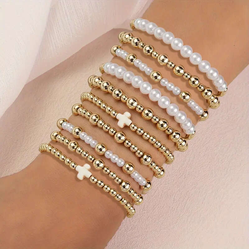 Designer jewelry Charm Bracelet Gentle Pearl and Metal Bead Set for Women Strand Stacking Bracelet Pearls Interlaced with Gold Beads Cross Decoration 