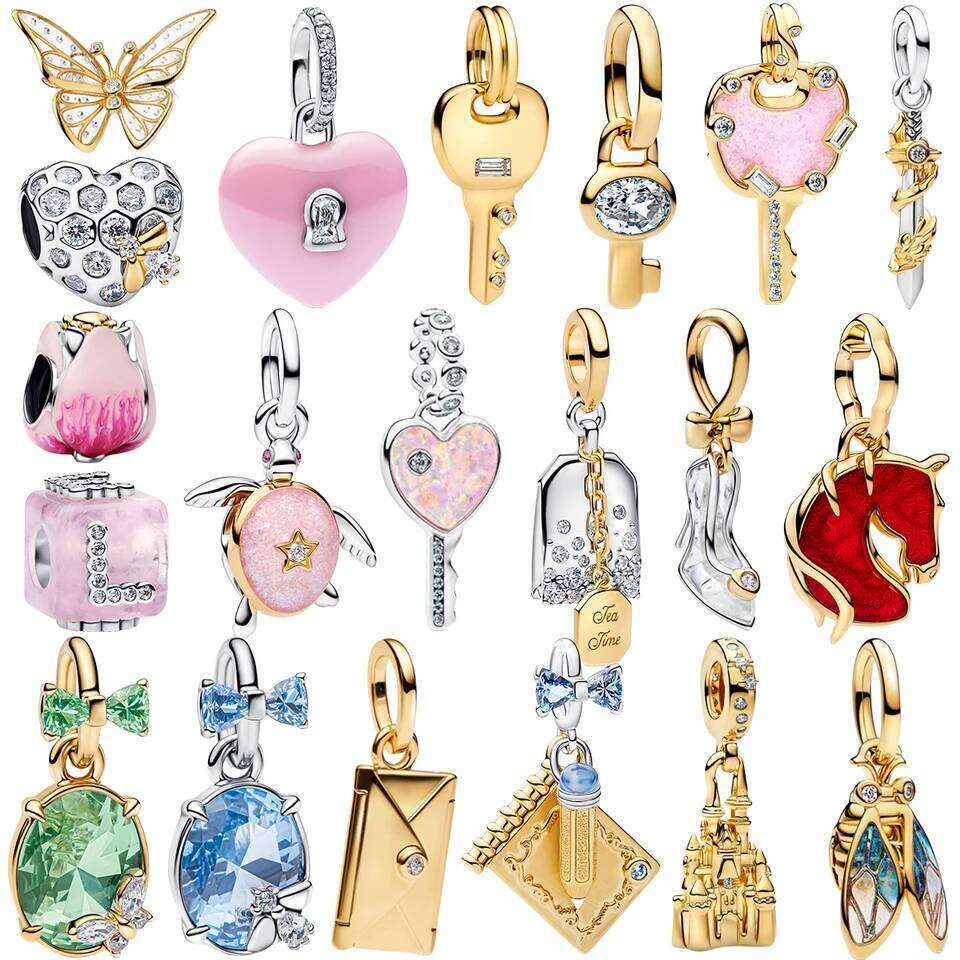 Heart Lock Enamel 925 Sterling Silver Golden Key Turtle Gem Crystal Heels Charms Sword Castle Beads Fit Bracelet Necklace Gift