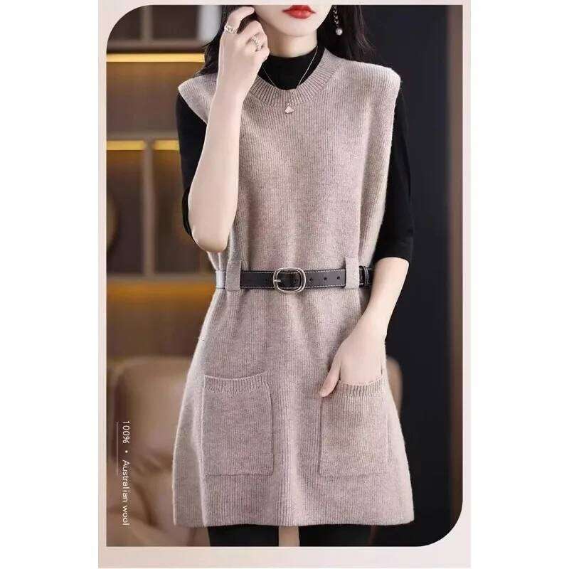 Fashionable Solid Color for Women Autumn Loose Warm Knitted Vest Sweater Layered Commuting Dress XJ260225