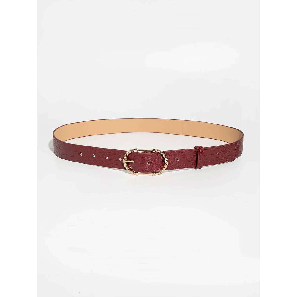 1pc Luxury Retro Gold-Tone Metal Buckle Burgundy Crocodile Embossed Leather Belt, Versatile For Daily Wear Y260225