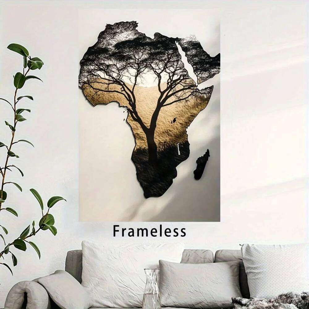Framless African Tree Wall Art - Unique Silhouette Design with Elephant & Giraffe, Ideal for Living Room, Bedroom, or Cafe Decor 26H0225