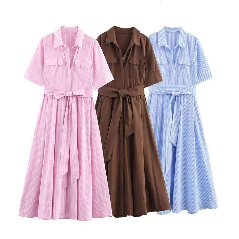 New Fashion Women's Long Dresses Short Sleeve Striped Shirt Casual Chic Loose Fit Comfortable Summer Y2k Clothes Daily Office XJ260225