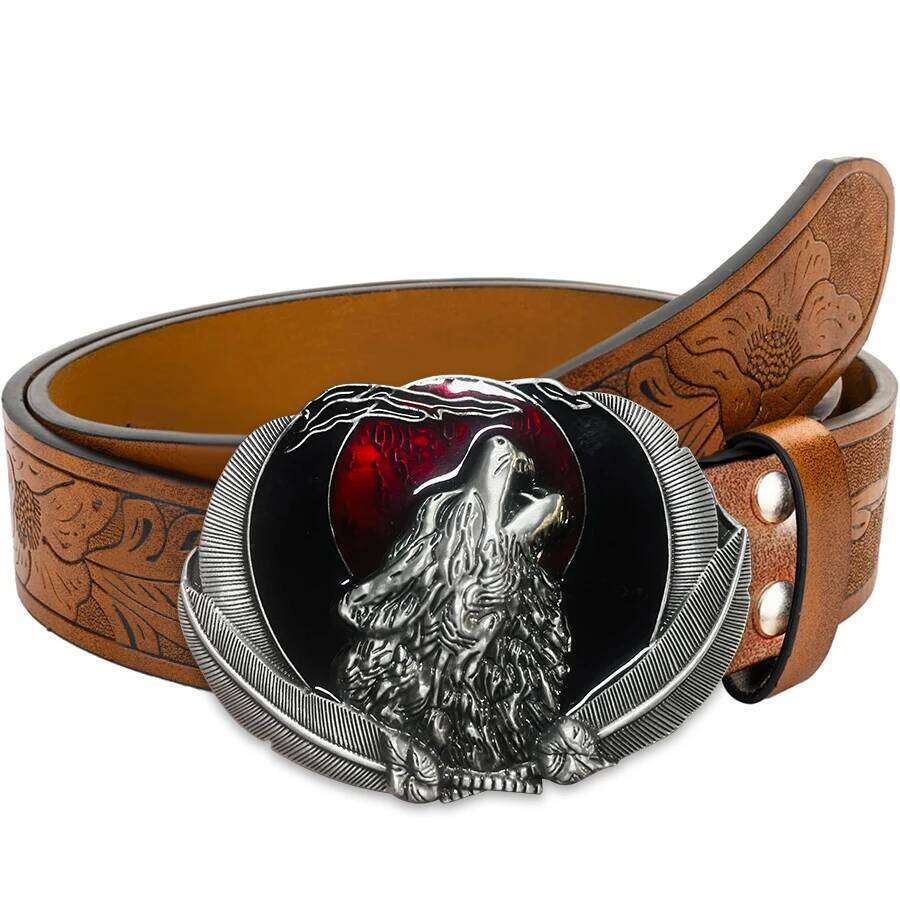Western men's denim wolf head red moon belt buckle hip-hop personality retro style unisex matching jeans/ca Y260225