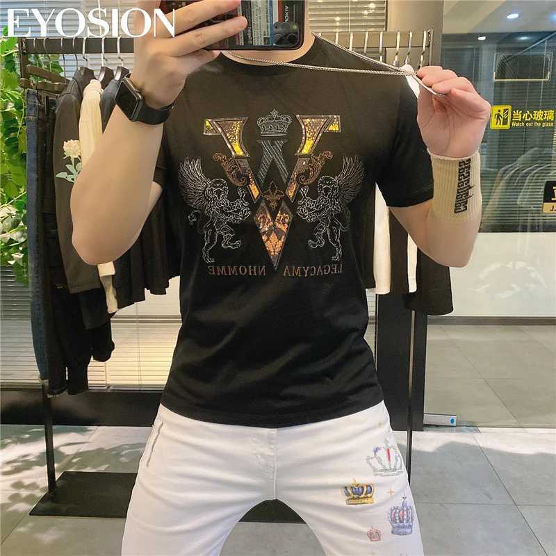 Men's Lion V-letter Rhinestone T-shirt Summer Cotton Casual Short Sleeve Plus SizeT260225