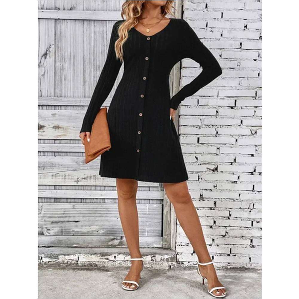 Women's V-Neck Button Dress Monochromatic A-line Casual Comfortable Spring Autumn Trend XJ260225