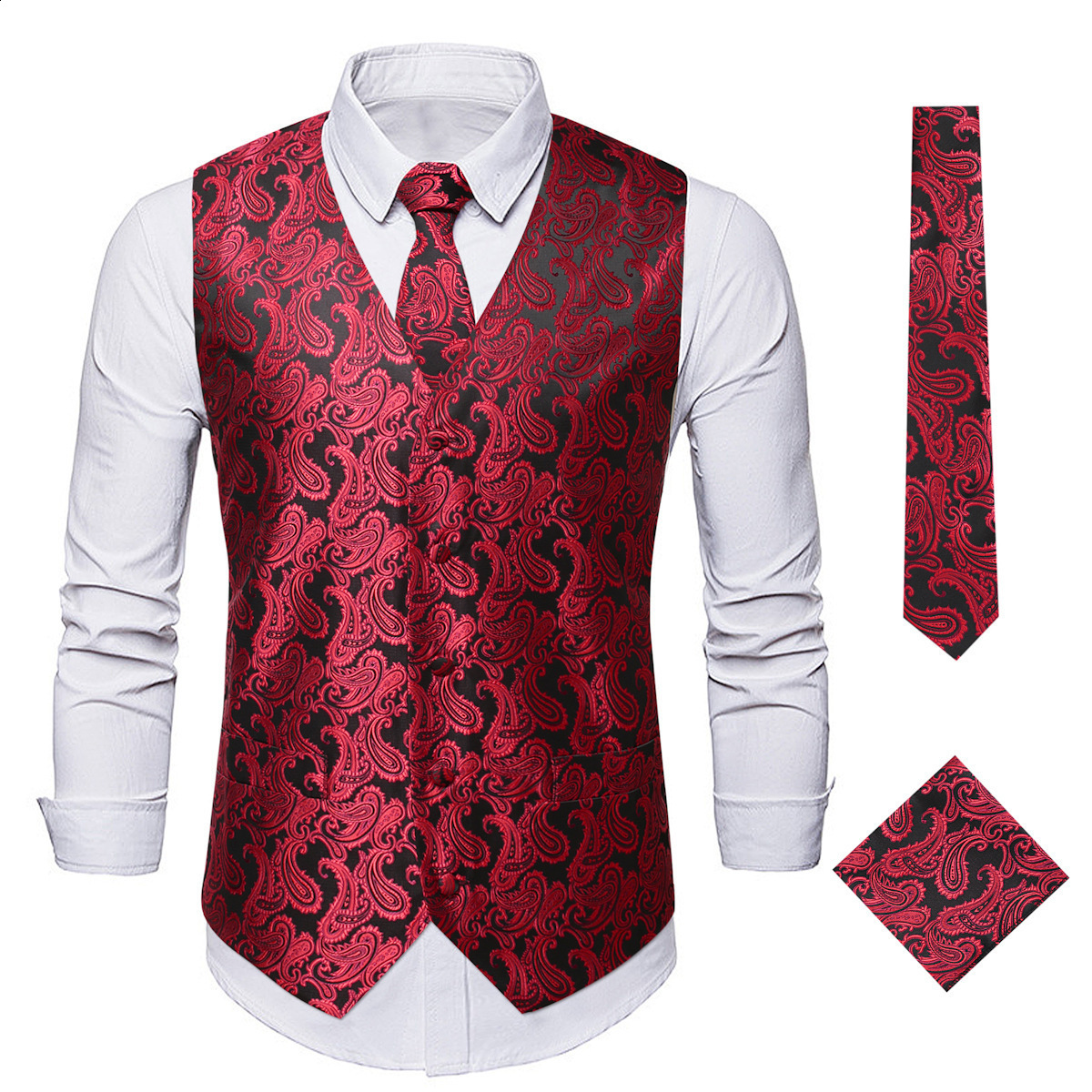 Men's Vests Hi-Tie 20 Color Silk Men's Vests Tie Business Formal Dress Slim Sleeveless Jacket 4PC Hanky Cufflink Blue Paisley Suit Waistcoat