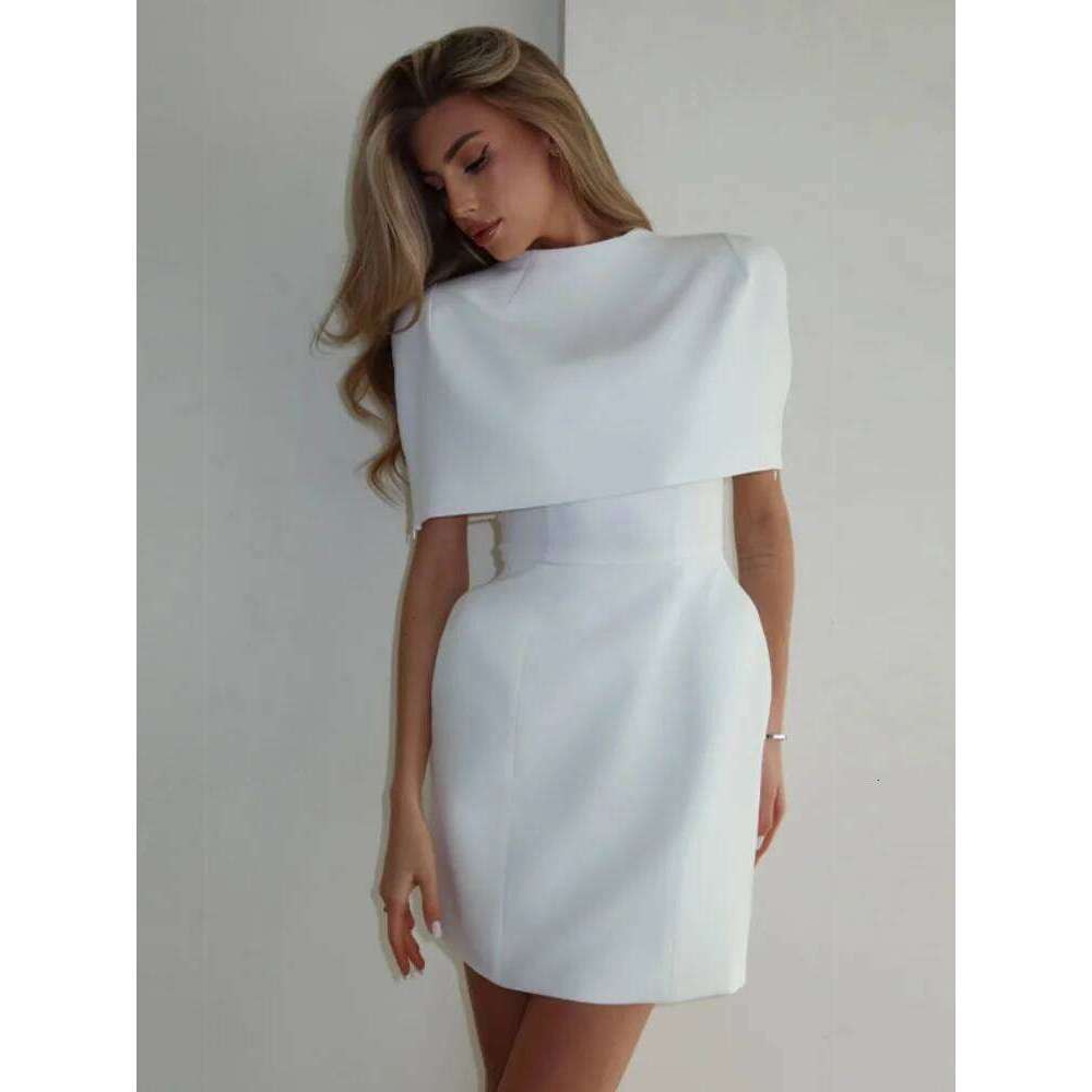 Solid Shawl A-line Dress Women Elegant Round Neck Waist Cinching Slim Short Mini Dresses 2026 Lady Daily Party Evening Vestido XJ260225