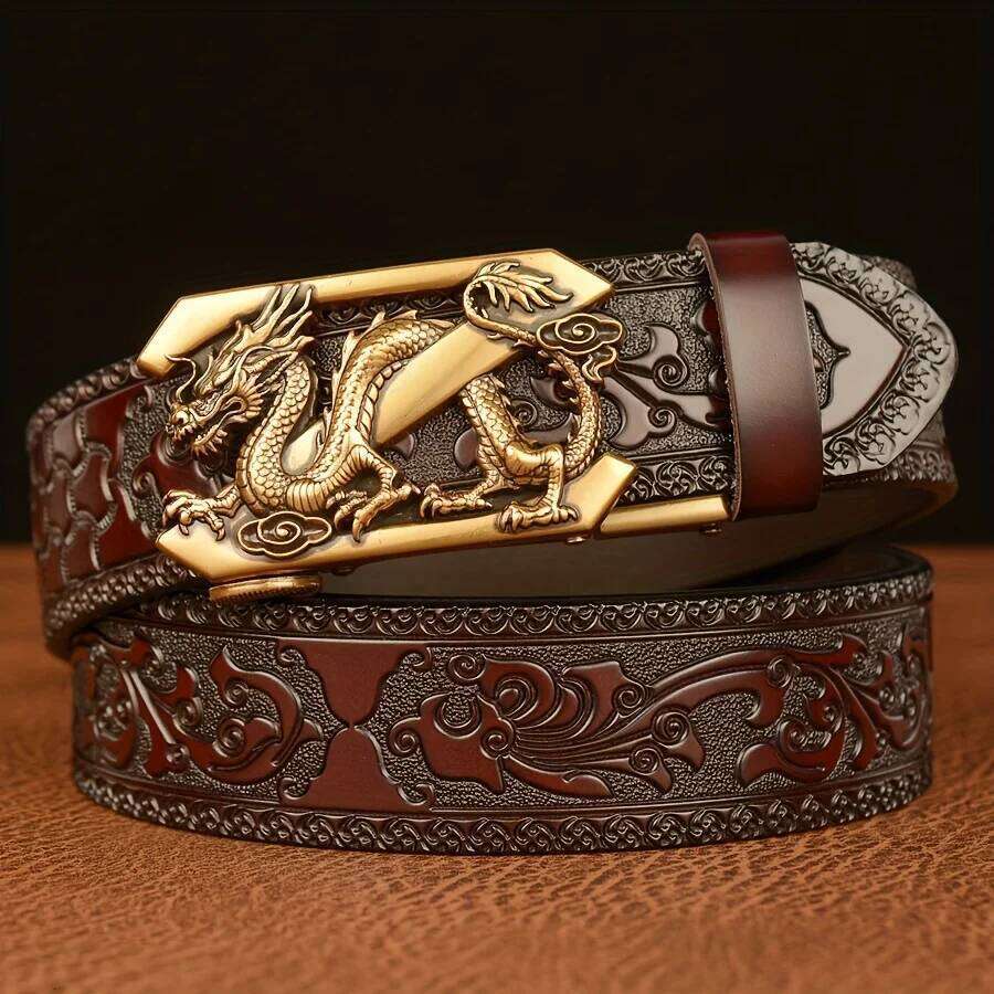 Men' Vintage Automatic Buckle Genuine Leather with Golden-Tone Dragon & Floral Embossed Design Black Casual Belt for Jeans Y260225