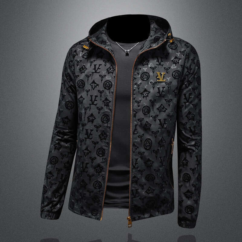 2025 Autumn New Flocked Hooded Jacket Printed Men's Reversible Coat Casual Trendy Brand Slim