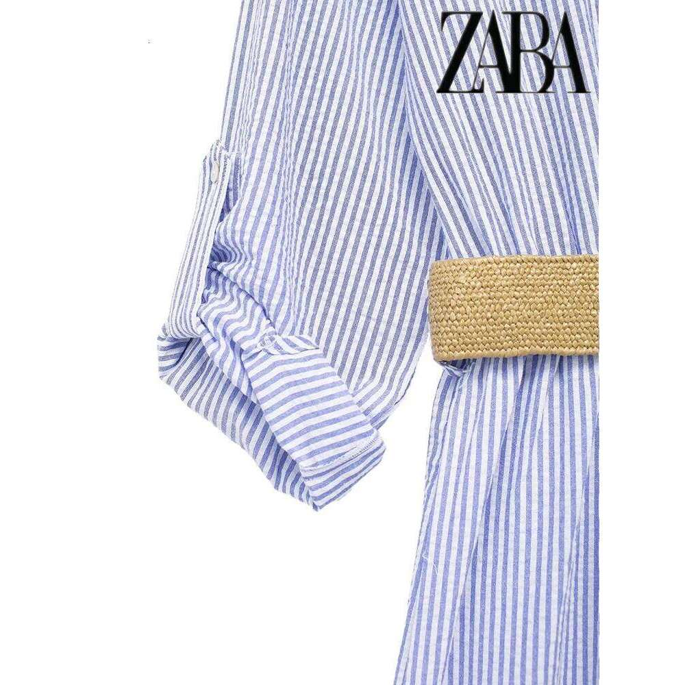 Women's Belted Single Breasted Sleeve Shirt Blue Striped Lapel Dress Street Elegant Commuter Long Dresses XJ260225