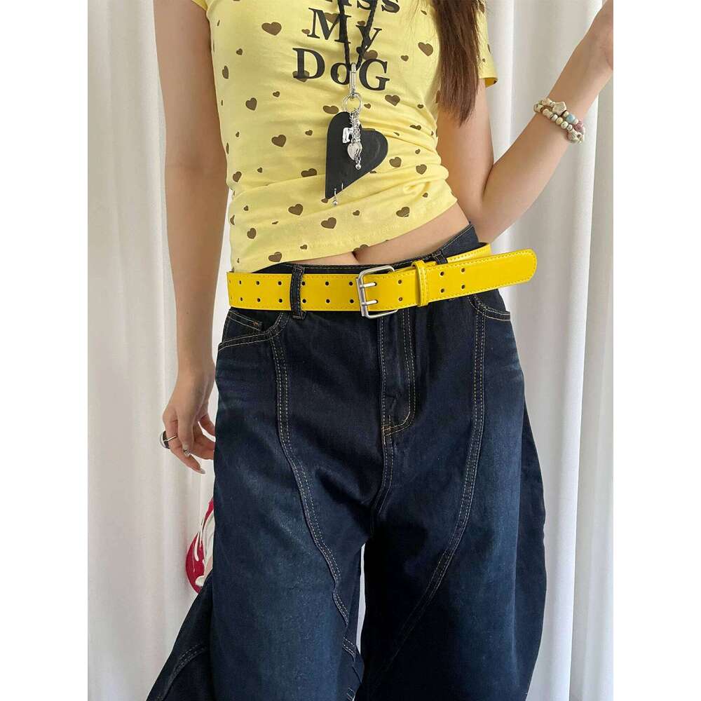 Wide Design Sense Y2K Double-Breasted Yellow For Women Skirt Jeans With Waistcoat Decoration Versatile Belt Y260225