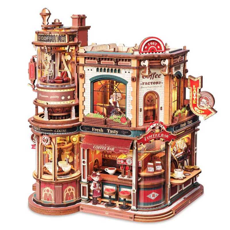ROKR Dream Coffee Factory 3D Puzzles Music Box Christmas Wooden Model Kits Build Best Gifts for Kids Adults EAB02 26H0422