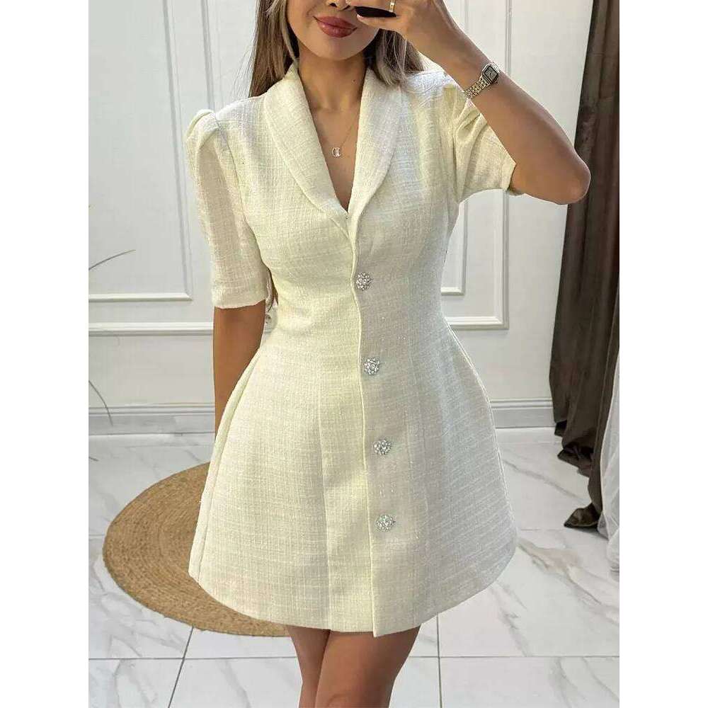 Elegant Lapel Collar Short Women Fashion Button Solid Color A-Line Casual Puffed Sleeves Draped Woolen Dress XJ260225
