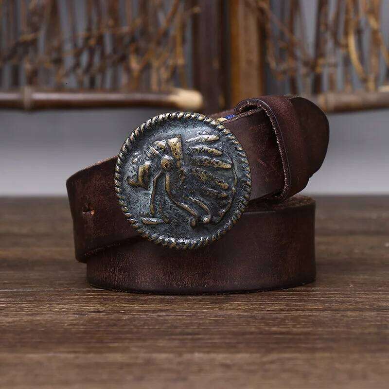 3.3 CM Pure Cowhide Matte Designer Genuine Leather Belt for Men's Jeans Vintage Brass Smooth Buckle Belts Cowboy Waistband Male Y260225