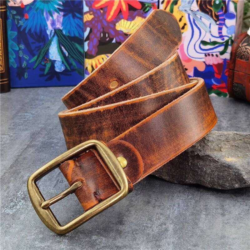Retro Cowboy Jeans Men's Vintage Brass Buckle Thick Leather Ceinture For Long Waist Belt Men MBT0539 Y260225