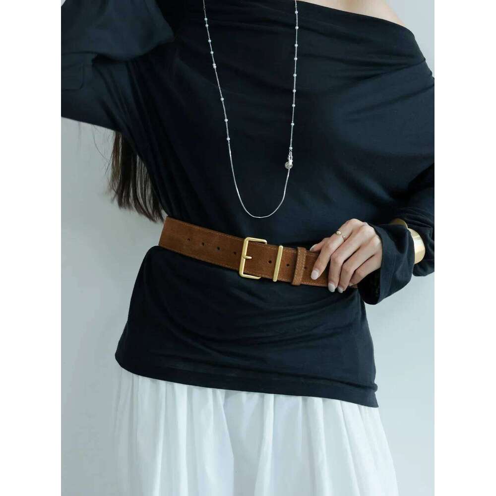 Trendy 45mm Wide Women Genuine Leather Classic Gold Buckle Skinny Waistband Vintage Suede Cowhide Belt for Dresses & Coat Y260225