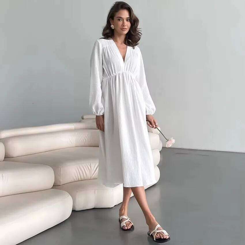 Elegant 100% Cotton Long Sleeve V-Neck High Waist Evening Party Dress Women Robe Girl White Midi Dresses Mori Look XJ260225