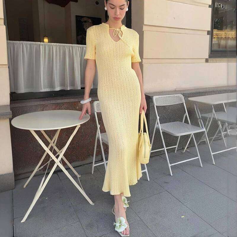 Knitted Long Female Short Sleeve Slim Hollow Retro Elegant Sweater 2025 Summer High Waist Woman Dress XJ260225