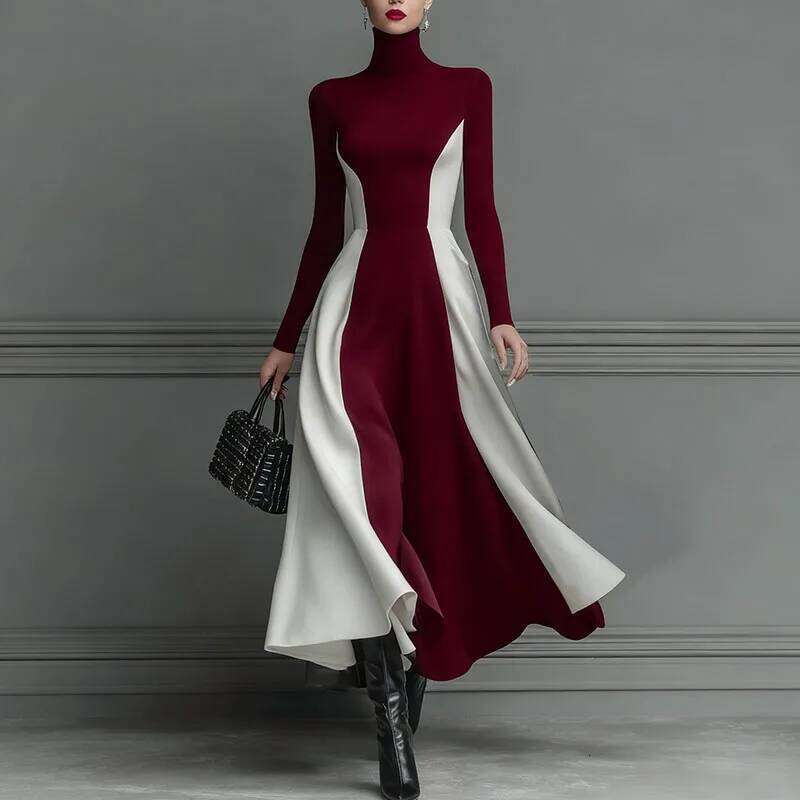 2026 Spring Contrast High Waist A-Line Woman Sexy Turtleneck Elegant Party Dresses Fall Casual Long Sleeve Slim Boho Dress XJ260225