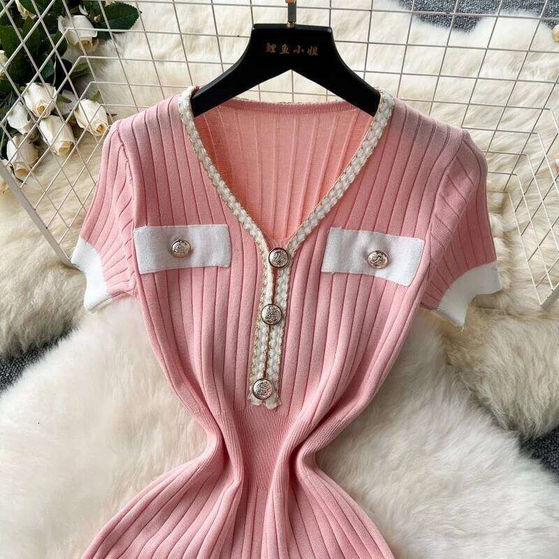 Elegant Knitted Slim Fit Summer Clothing Women Short Sleeve V-Neck Bodycon Midi Dresses OL Style Knitting Dress Robe Femme XJ260225