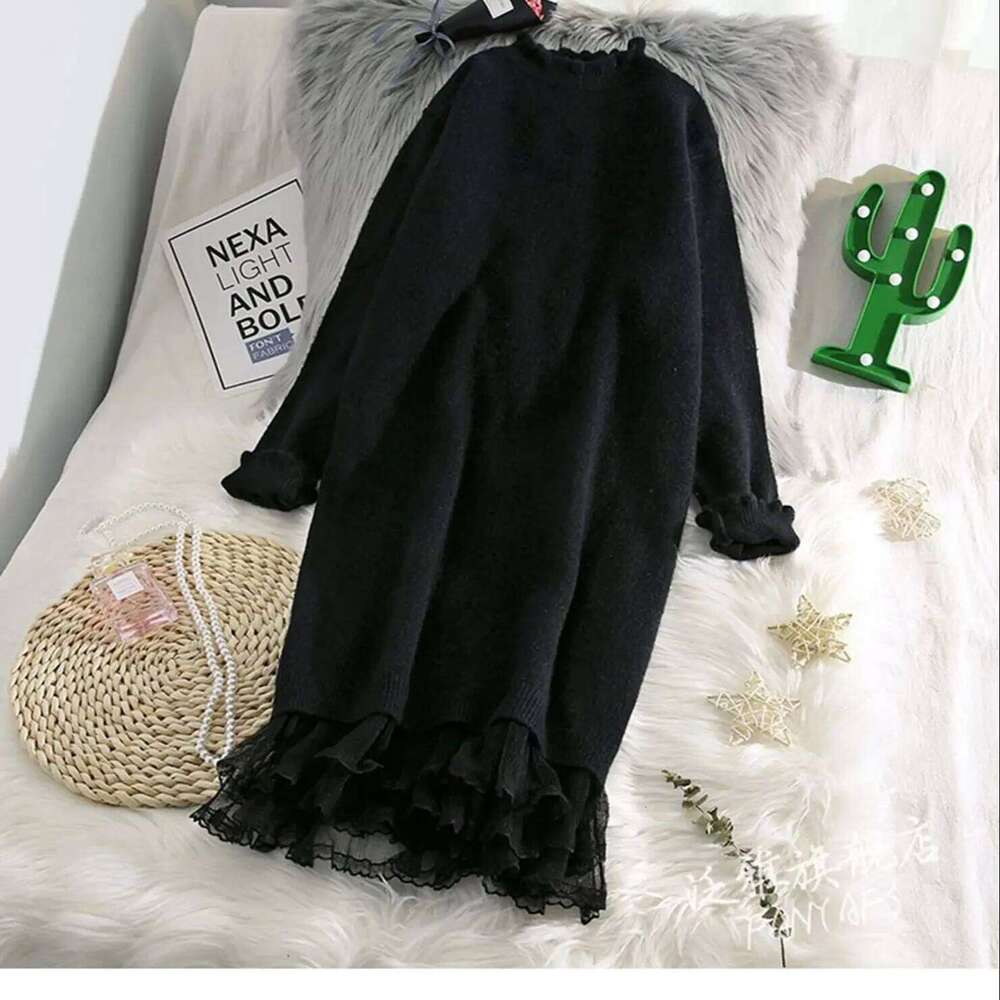 Lace Splicing Knitted Sweater Dress Women Autumn Winter Korean Half High Collar Thick Mid Dresses Solid Color Loose Versatile XJ260225