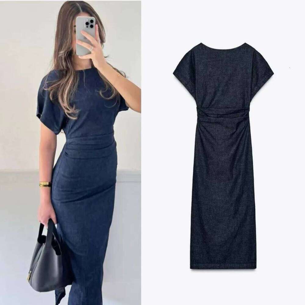 ETJ 2025 summer new women's elegant fashion pleats decorated short sleeve wide round neck slit hem denim dress XJ260225