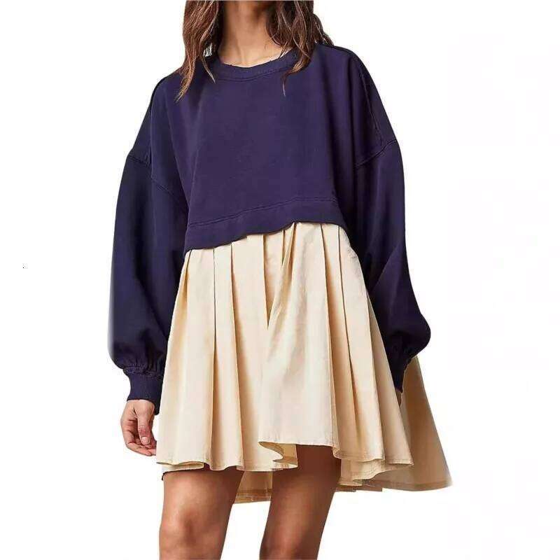 2024 Autumn Women's Sweatshirt Patchwork O-Neck Long Sleeve Oversize Loose Mini Casual Fashion Trendy Pleated Dress XJ260225