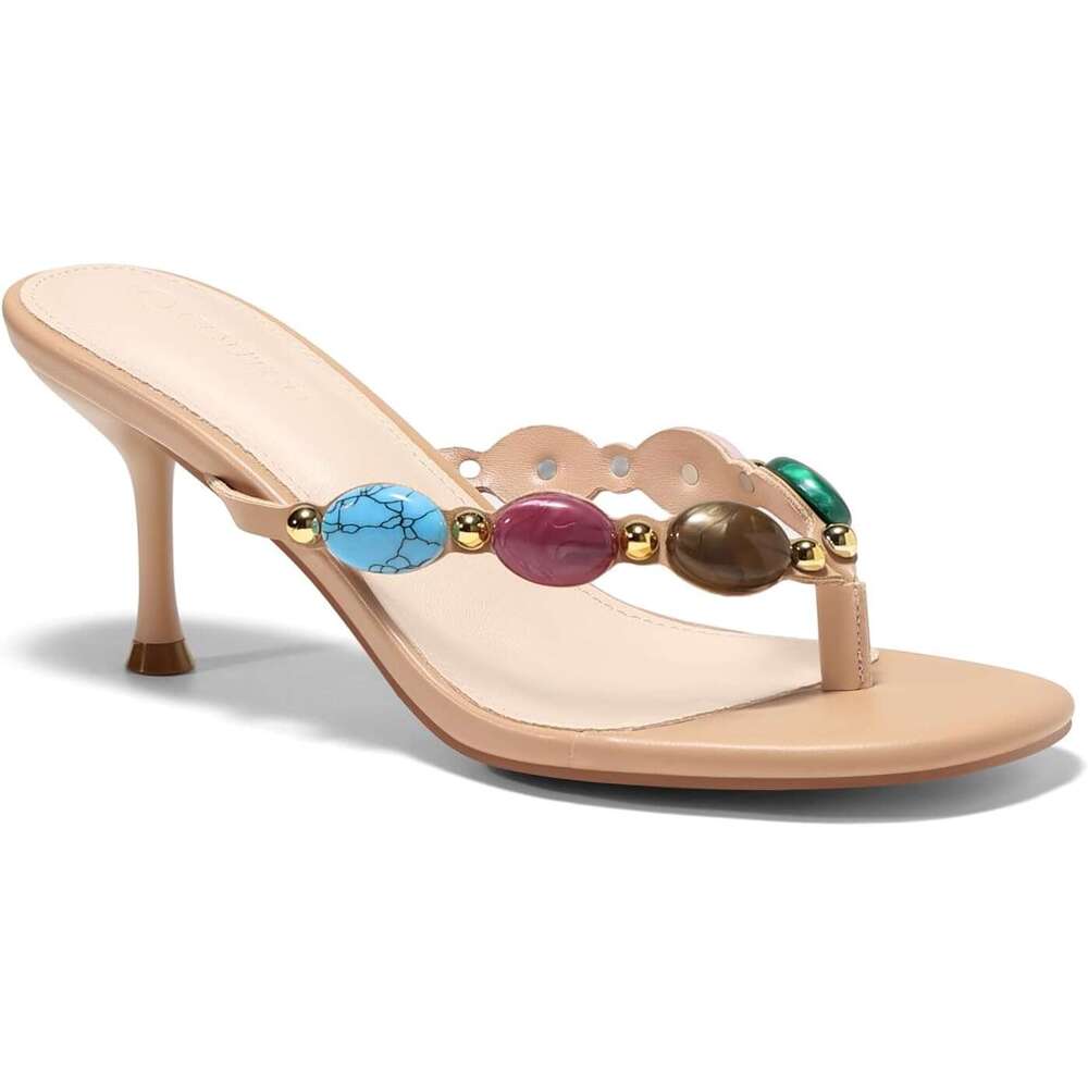 Womens Jeweled Heeled Sandals Kitten Heel Starppy Flip Flop Backless Open Toe Slides Boho Summer Vacation Beach Shoes