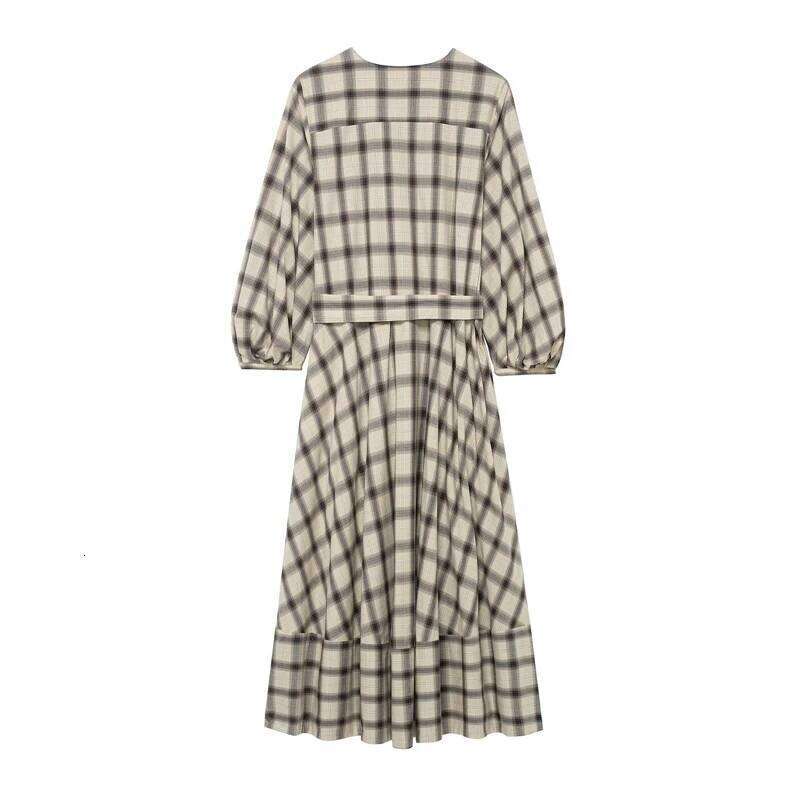 Women's Plaid Long Sleeve Midi with Belt - Vintage Checked Button Front Dress for Casual & Office XJ260225