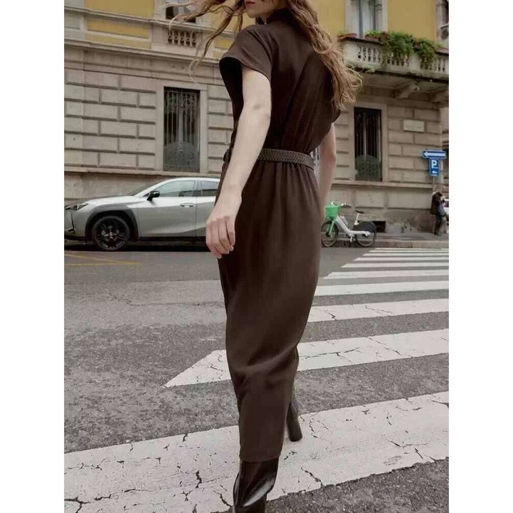 European and American style winter new women's fashion trendy simple stand-up collar short-sleeved midi dress with belt XJ260225