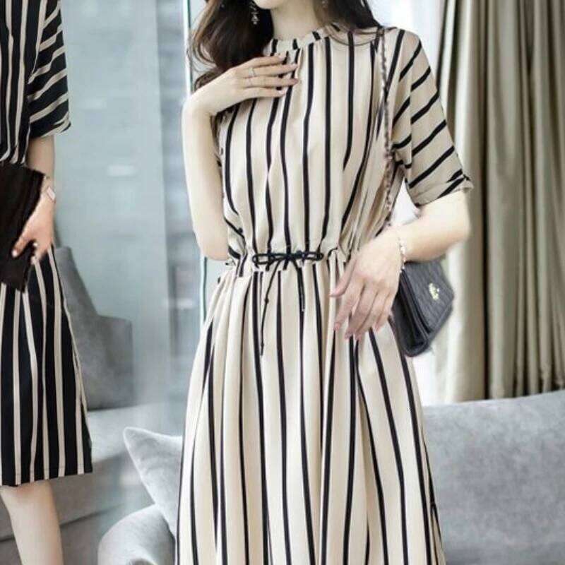 Striped Short-Sleeved Midi Dress Summer Aesthetic Clothes Korean Fashion Casual Office Lady Dresses for Women Vestidos XJ260225