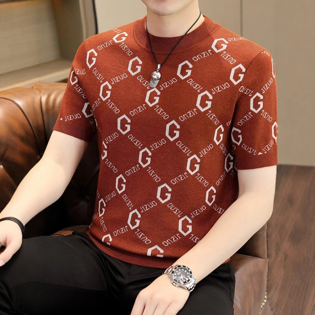 Luxury Luxury Designer Clothes Mens Short-Sleeved Knit Sweater Spring And Autumn Trendy Slim-Fit Round-Neck Half-Sleeve Base Shirt Casual Versatile Wa