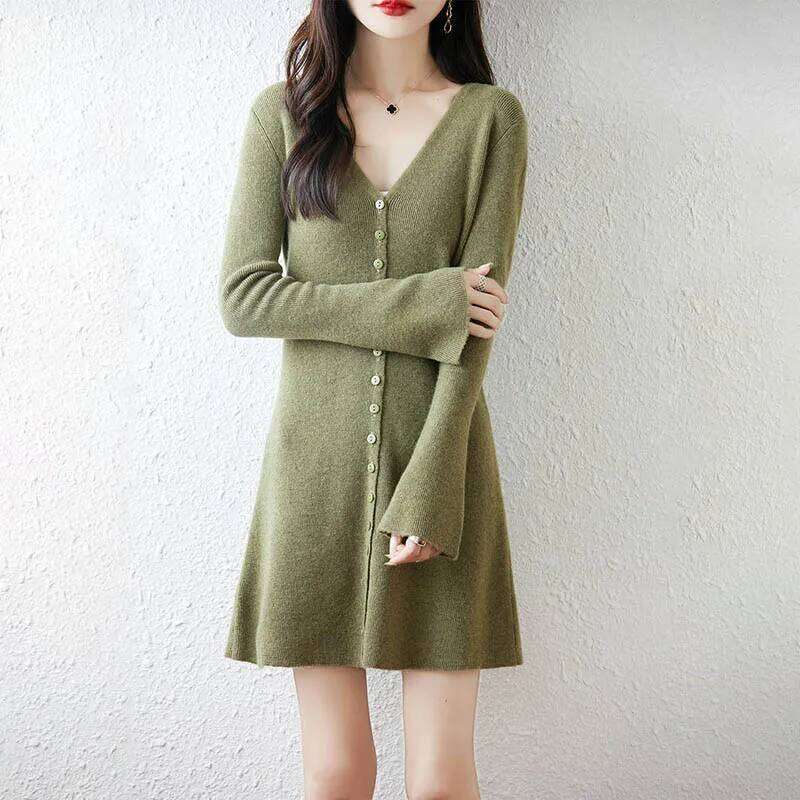 Yoyoselect 100% Merino Wool Women's Mini V Neck Bottoned Knitted Dress A Line Soft Warm Autumn Winter Cashmere Dresses XJ260225