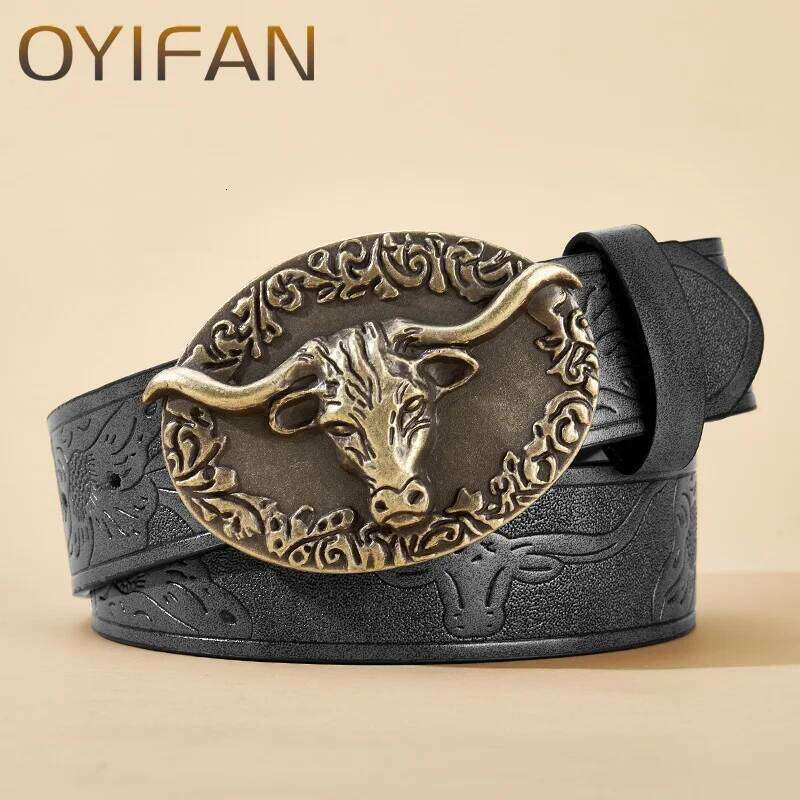 Western Leather Belts Cowboy Longhorn Bull Pattern Floral Engraved Buckle Belt for Men Y260225