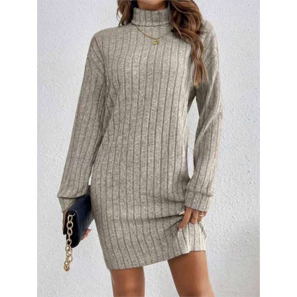 Autumn Winter Woemn Casual Trutleneck Long Sleeve Solid Knitted Dress 2024 New Fashion Loose Comfortable Dresses Female XJ260225