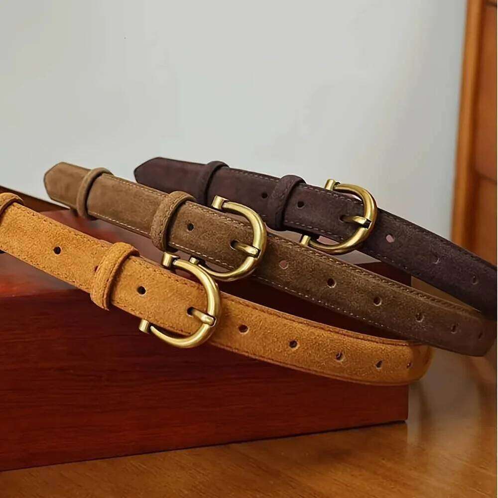 Suede Genuine Leather Belt Women Brown Skinny Waistband Gold Buckle Belts for Casual Jeans and Pants Y260225