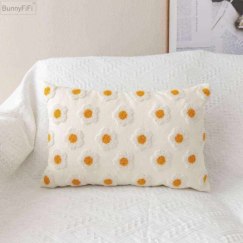 Chic Cushion Daisy Floral 45x45cm/30x50cm White Embroidery Pillow Cover Soft Cozy for living room