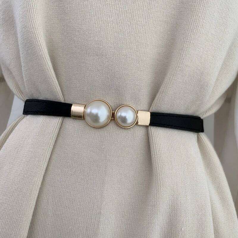 Elegant Double Pearls Buckle Elastic Women Belts Thin Straps Lady Girl Dress Skirt Decor Waistbands Trouser Decoration GM113 Y260225