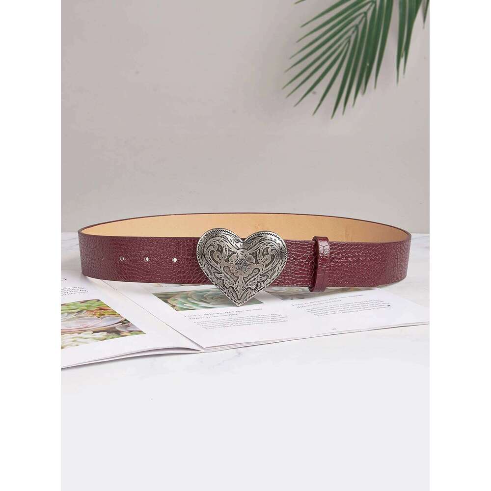 women's light luxury vintage metal angel gem heart-shaped buckle burgundy flower pattern belt, a versatile decorative belt for Y260225