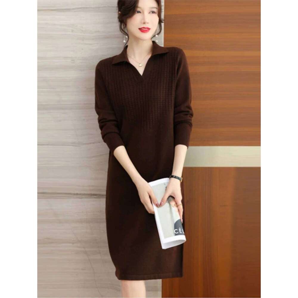 Autumn Winter Polo Collar Women's Knitted Dresses 2025 New Solid Korean Long Sleeve Elegant Bodycon Wrap Dress Female CQ296 XJ260225