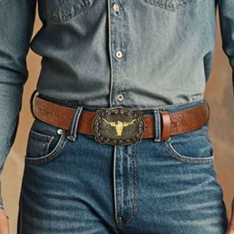 1pc New Men's Western Cowboy - Cool Handsome Black PU BELT Material Embossed Design and Stylish Alloy Buckle Men Belt Y260225