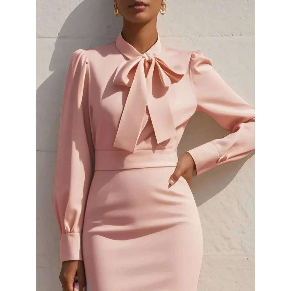 Women's Solid Color Bow Neck Long Sleeve Waisted Midi Dress XJ260225