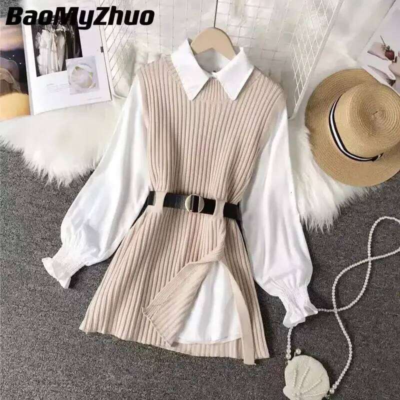 2024 Spring Two 2 Piece Knitted Vest Set Women Long Sleeve Shirt Solid Autumn Vintage College Style Waistband Sweater Tops XJ260225